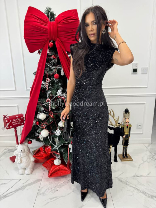 Czarna sukienka maxi cekinowa z wycięciem na plecach BRIGITTE 26 - photo #3