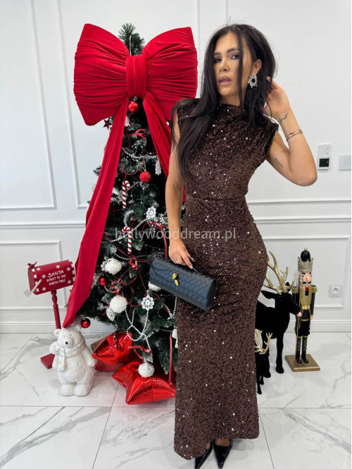 Brązowa sukienka maxi cekinowa z wycięciem na plecach BRIGITTE 26 - photo #2