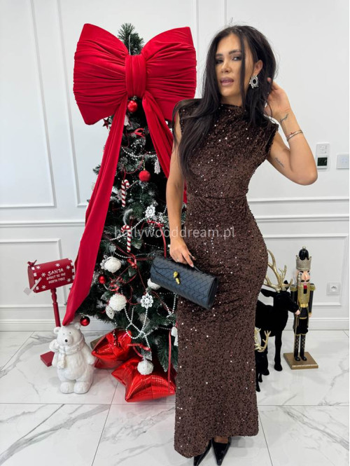 Brązowa sukienka maxi cekinowa z wycięciem na plecach BRIGITTE 26 - photo #3