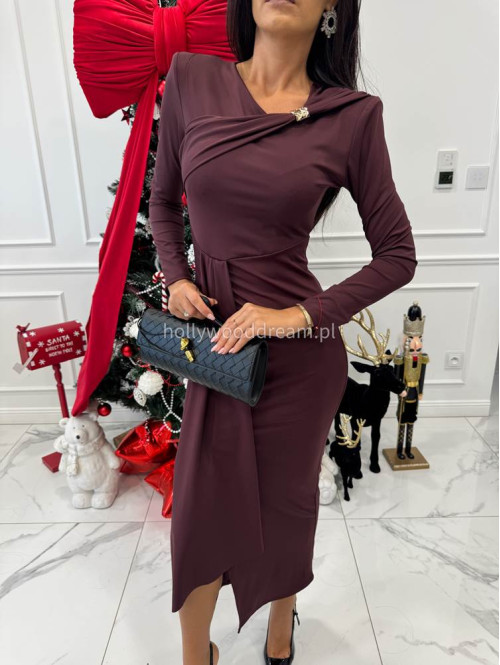 Ciemno bordowa sukienka maxi z rozporkiem i szarfą oraz ozdobą na dekolcie Lidka 26 - photo #1