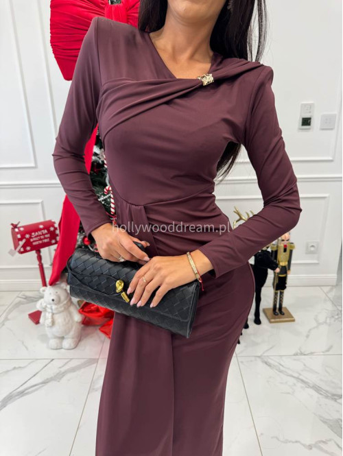 Ciemno bordowa sukienka maxi z rozporkiem i szarfą oraz ozdobą na dekolcie Lidka 26 - photo #2