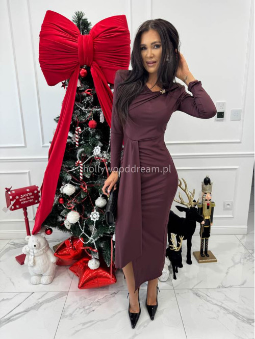 Ciemno bordowa sukienka maxi z rozporkiem i szarfą oraz ozdobą na dekolcie Lidka 26 - photo #3