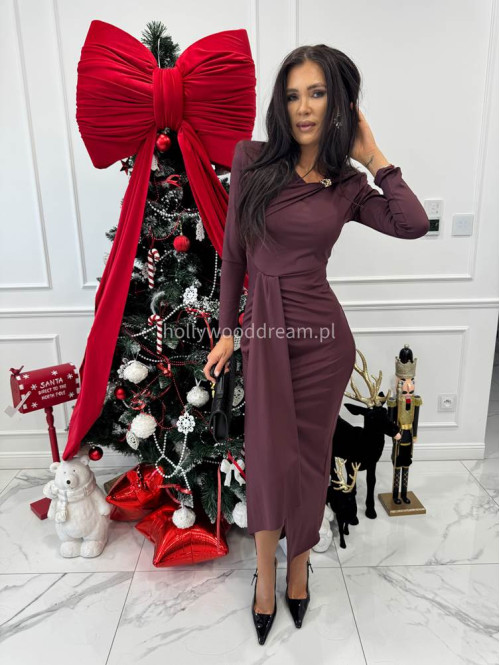 Ciemno bordowa sukienka maxi z rozporkiem i szarfą oraz ozdobą na dekolcie Lidka 26 - photo #5