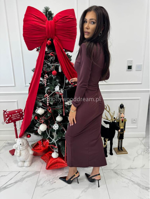 Ciemno bordowa sukienka maxi z rozporkiem i szarfą oraz ozdobą na dekolcie Lidka 26 - photo #6