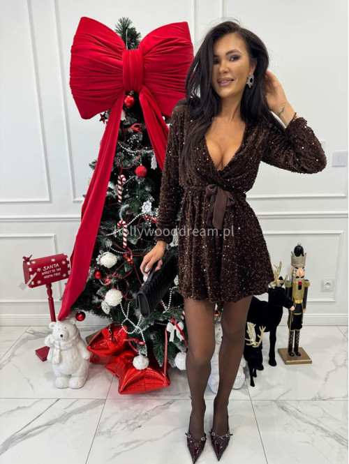 Brązowa sukienka mini z cekinami i satynowym wiązaniem ELISE 26 - photo #1