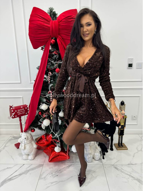 Brązowa sukienka mini z cekinami i satynowym wiązaniem ELISE 26 - photo #4