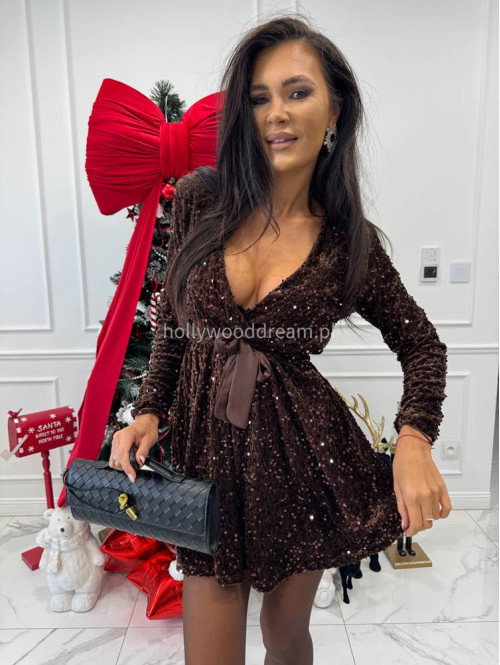 Brązowa sukienka mini z cekinami i satynowym wiązaniem ELISE 26 - photo #8