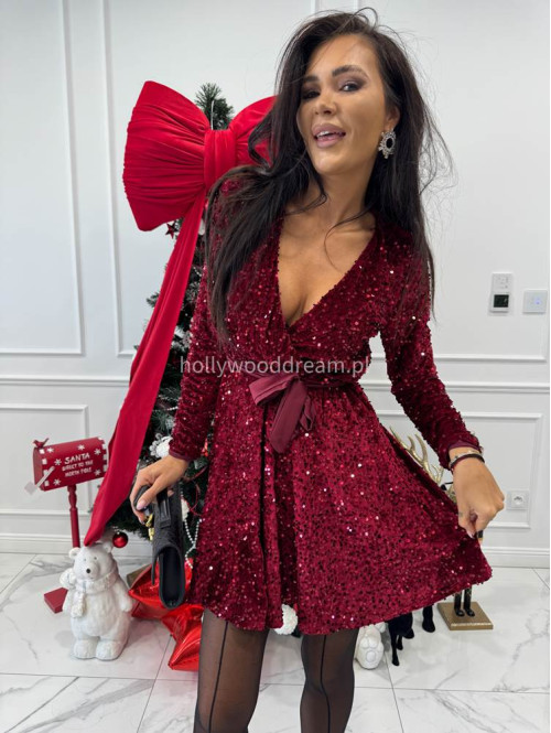 Czerwona sukienka mini z cekinami i satynowym wiązaniem ELISE 26 - photo #5