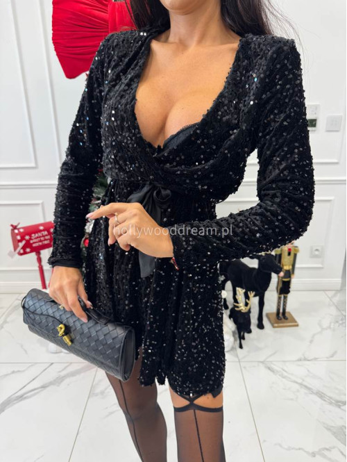 Czarna sukienka mini z cekinami i satynowym wiązaniem ELISE 26 - photo #2