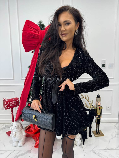 Czarna sukienka mini z cekinami i satynowym wiązaniem ELISE 26 - photo #3