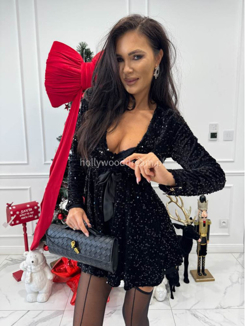 Czarna sukienka mini z cekinami i satynowym wiązaniem ELISE 26 - photo #4