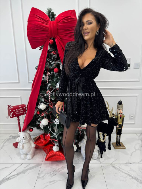 Czarna sukienka mini z cekinami i satynowym wiązaniem ELISE 26 - photo #5