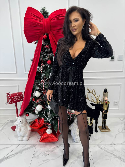 Czarna sukienka mini z cekinami i satynowym wiązaniem ELISE 26 - photo #6