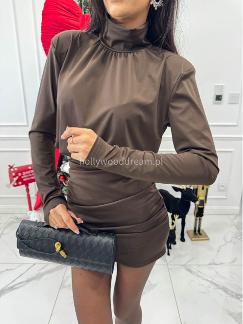 Brązowa sukienka mini z golfem i marszczeniem na dole BLAIR 26 - photo #1