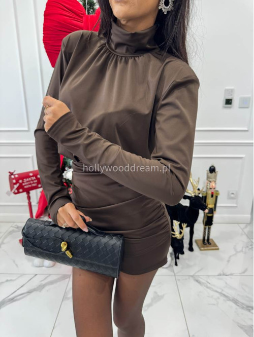 Brązowa sukienka mini z golfem i marszczeniem na dole BLAIR 26 - photo #2