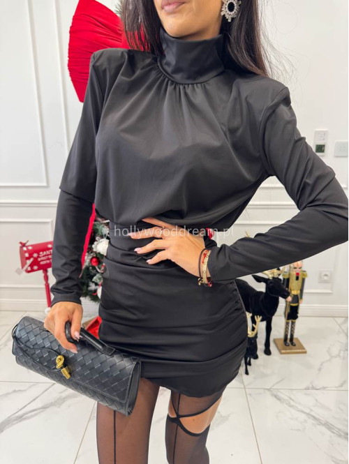 Czarna sukienka mini z golfem i marszczeniem na dole BLAIR 26 - photo #2