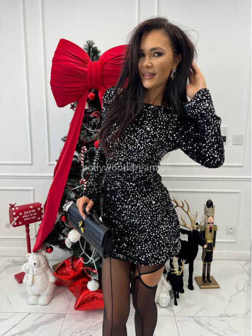 Czarna w srebrne cekiny sukienka mini z ozdobnym lejącym tyłem SELENA 26 - photo #5