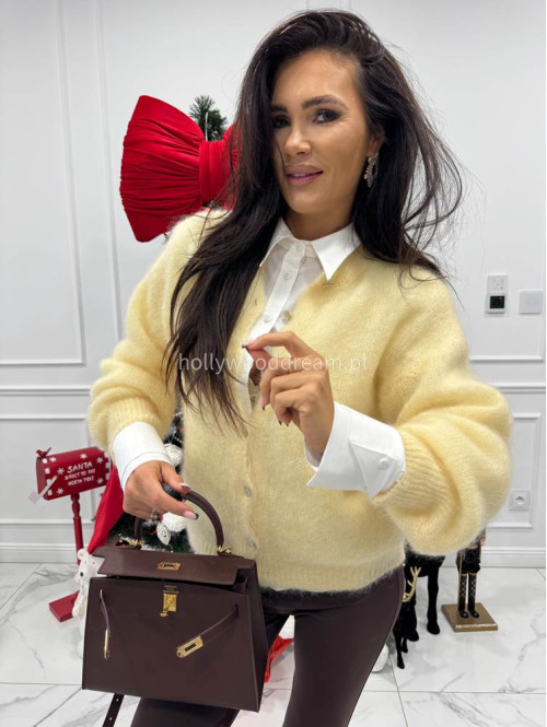 Pastelowy żółty sweter moherowy zapinany na guziki MATT 17 - photo #5