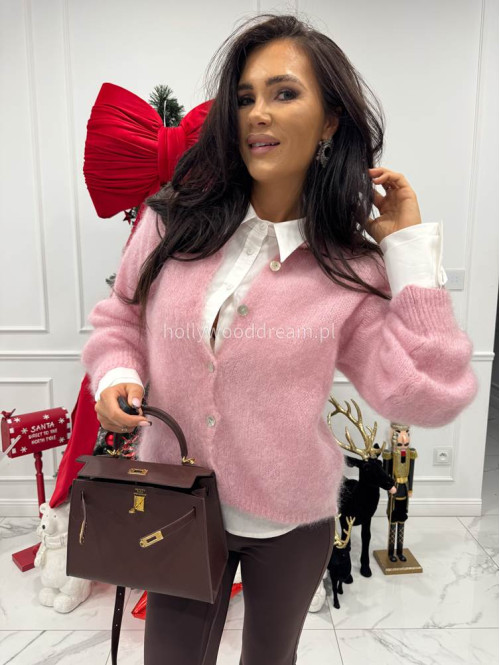 Pudrowo rózowy sweter moherowy zapinany na guziki MATT 17 - photo #4