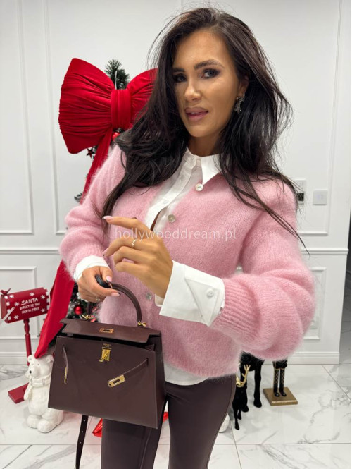 Pudrowo rózowy sweter moherowy zapinany na guziki MATT 17 - photo #5