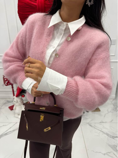 Pudrowo rózowy sweter moherowy zapinany na guziki MATT 17 - photo #6