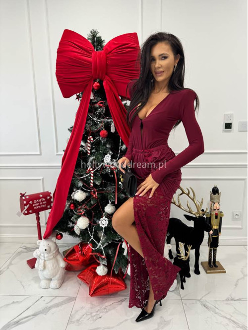 Bordowy komplet body z dekoltem V + spódnica maxi z koronką OMER 173 - photo #1