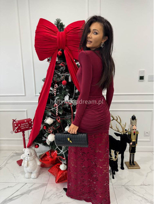 Bordowy komplet body z dekoltem V + spódnica maxi z koronką OMER 173 - photo #4