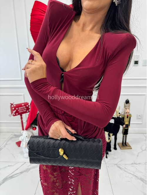 Bordowy komplet body z dekoltem V + spódnica maxi z koronką OMER 173 - photo #5