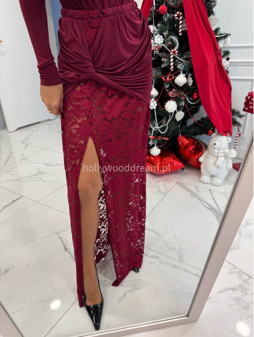 Bordowy komplet body z dekoltem V + spódnica maxi z koronką OMER 173 - photo #6