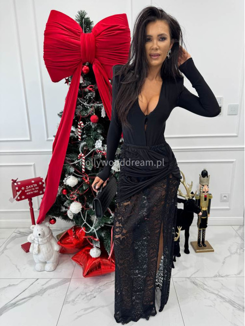 Czarny komplet body z dekoltem V + spódnica maxi z koronką OMER 173 - photo #1