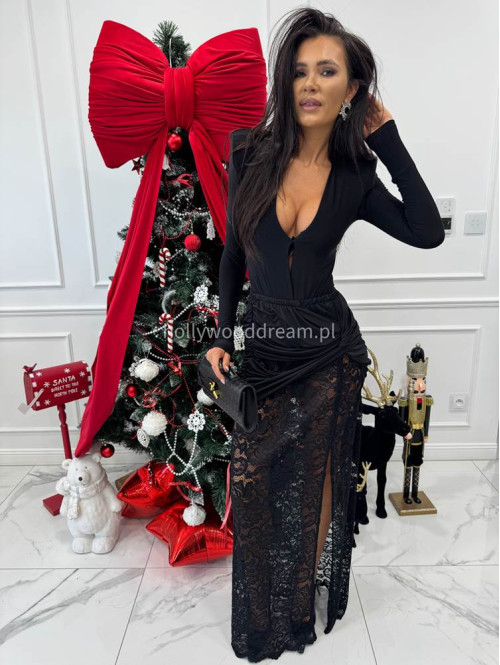 Czarny komplet body z dekoltem V + spódnica maxi z koronką OMER 173 - photo #2