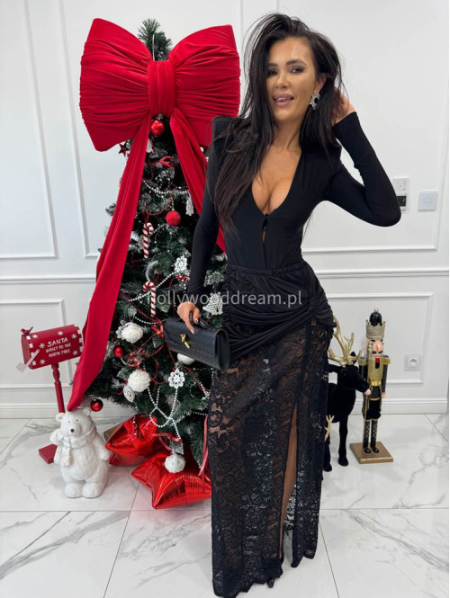 Czarny komplet body z dekoltem V + spódnica maxi z koronką OMER 173 - photo #3