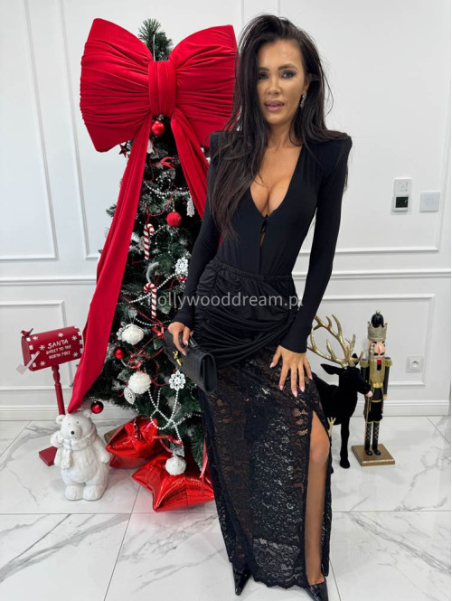 Czarny komplet body z dekoltem V + spódnica maxi z koronką OMER 173 - photo #5