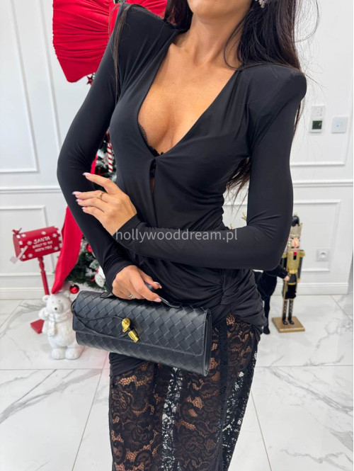 Czarny komplet body z dekoltem V + spódnica maxi z koronką OMER 173 - photo #7