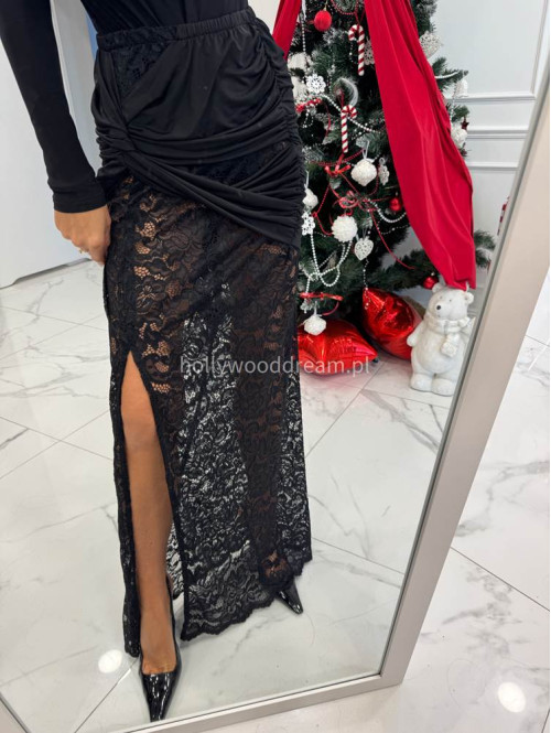 Czarny komplet body z dekoltem V + spódnica maxi z koronką OMER 173 - photo #8