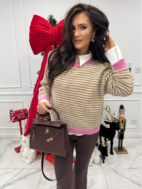 Sweter w karmelowe paski z różową lamówką HARRY 52