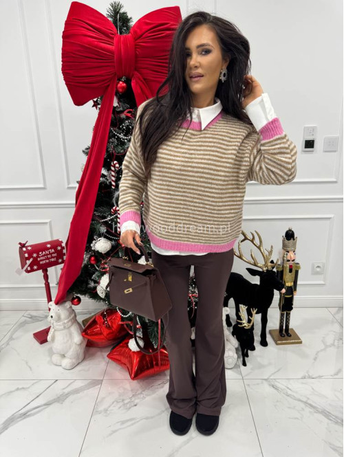 Sweter w karmelowe paski z różową lamówką HARRY 52 - photo #1