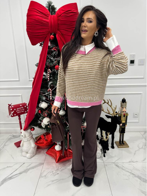 Sweter w karmelowe paski z różową lamówką HARRY 52 - photo #2