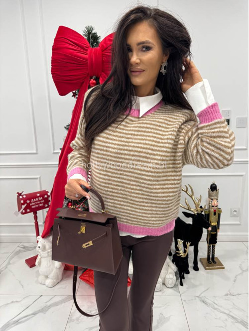 Sweter w karmelowe paski z różową lamówką HARRY 52 - photo #4