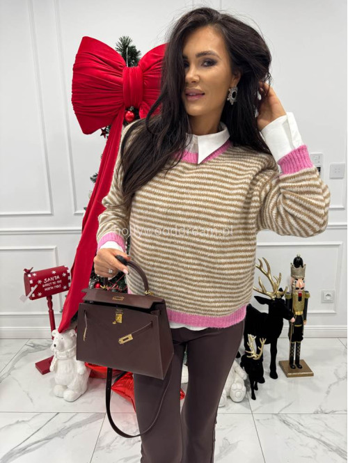 Sweter w karmelowe paski z różową lamówką HARRY 52 - photo #5