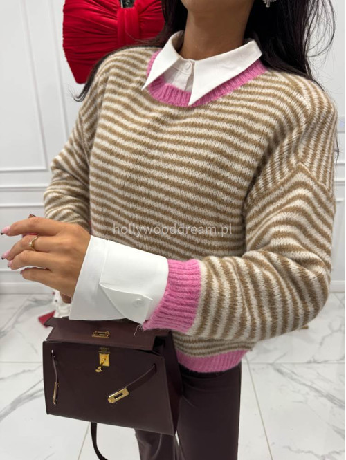 Sweter w karmelowe paski z różową lamówką HARRY 52 - photo #6
