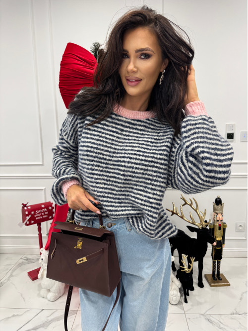 Sweter w granatowo-kremowe paski z różową lamówką Olga 52