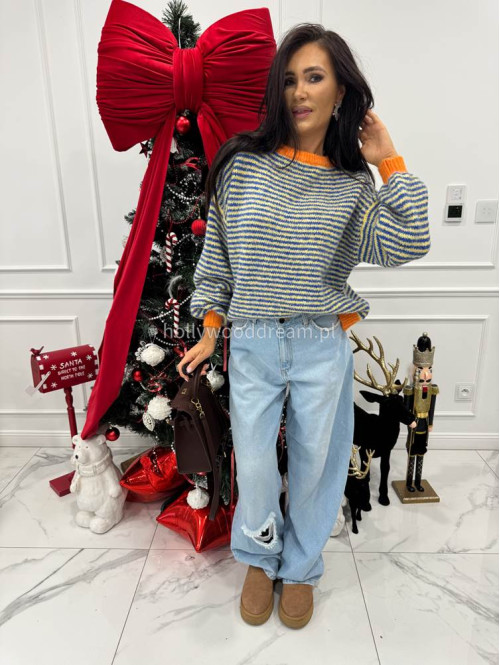 Sweter w niebiesko-żółte paski z pomarańczową lamówką Olga 52 - photo #1