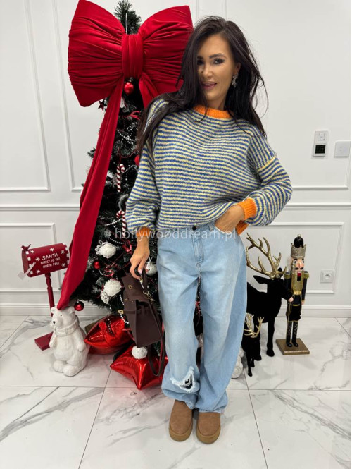 Sweter w niebiesko-żółte paski z pomarańczową lamówką Olga 52 - photo #2