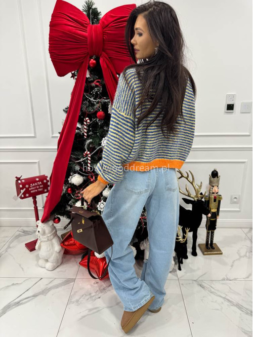 Sweter w niebiesko-żółte paski z pomarańczową lamówką Olga 52 - photo #3