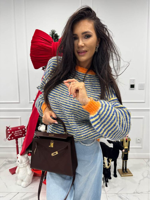 Sweter w niebiesko-żółte paski z pomarańczową lamówką Olga 52 - photo #4