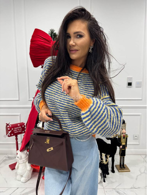 Sweter w niebiesko-żółte paski z pomarańczową lamówką Olga 52 - photo #5