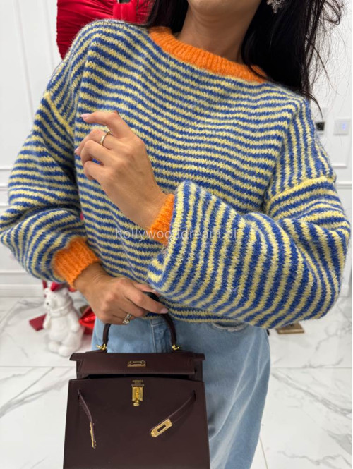 Sweter w niebiesko-żółte paski z pomarańczową lamówką Olga 52 - photo #6