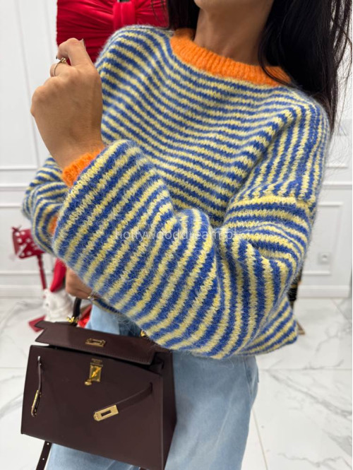 Sweter w niebiesko-żółte paski z pomarańczową lamówką Olga 52 - photo #7