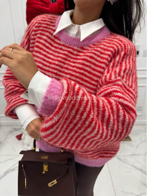 Sweter w czerwono-różowe paski z różową lamówką Olga 52 - photo #2